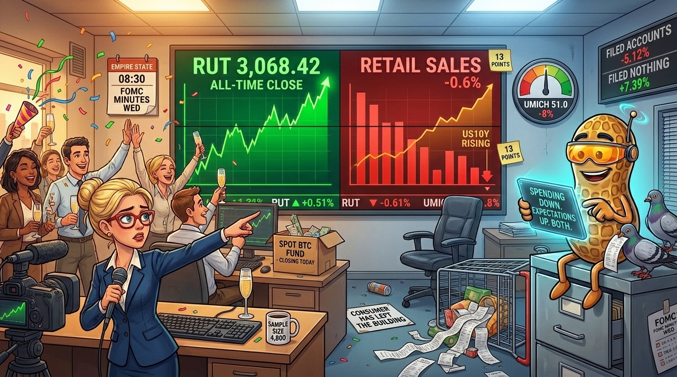 Newsroom staff celebrate a small-cap record whilst an ignored screen shows consumer spending falling.