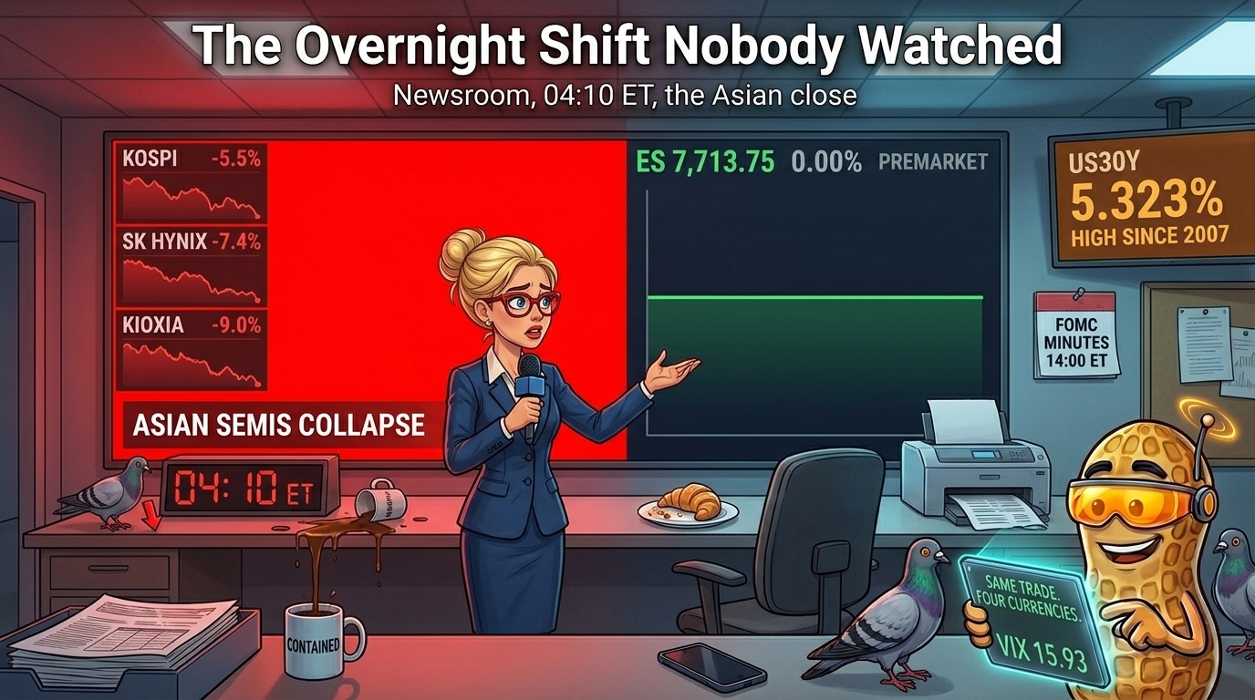 Newsroom split by a monitor wall, red Asian chip losses on the left, a flat green US futures line on the right.