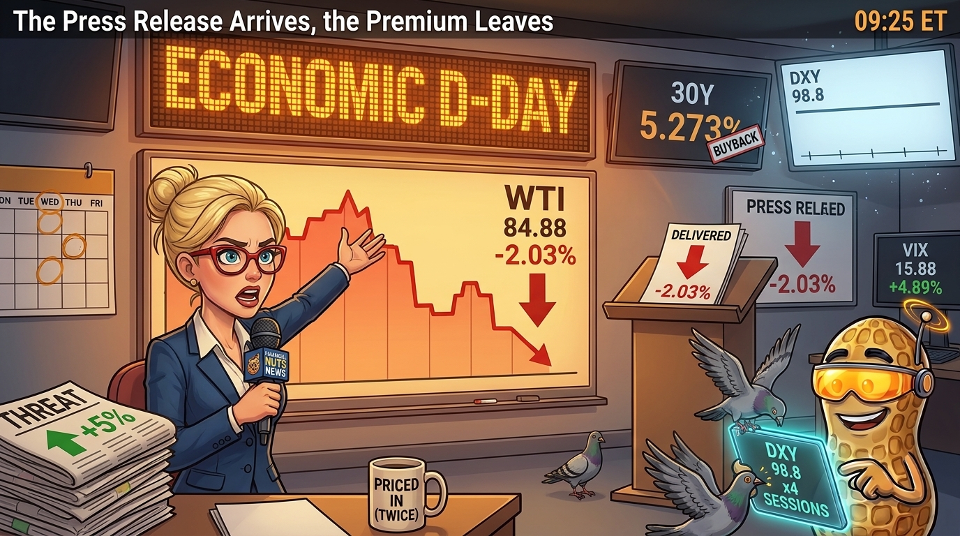 Newsroom board reads economic D-Day whilst the oil chart falls and an ignored dollar screen sits flat.