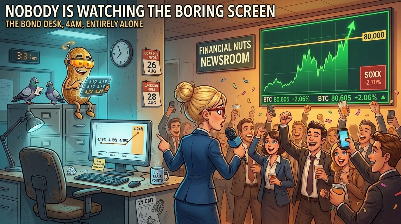 A packed newsroom cheers a bitcoin screen whilst one reporter points at an abandoned bond monitor nobody is watching.