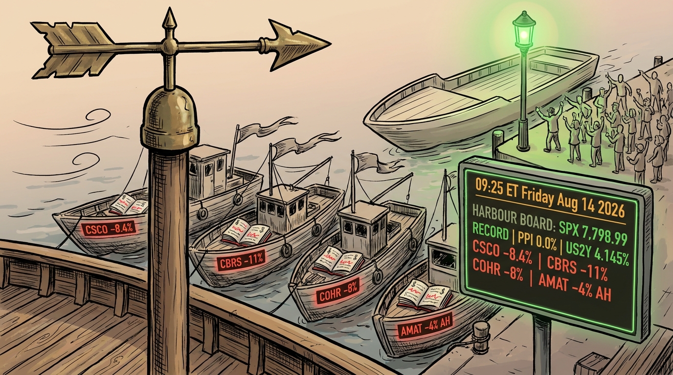 A steady weathervane above four red-lit moored ships with open ledgers, whilst an unnamed vessel with no books draws the crowd.