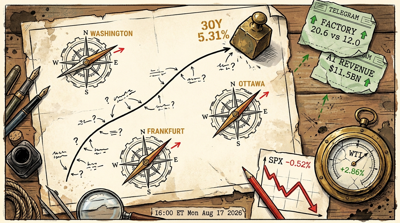 Navigator's chart desk with a rising thirty-year yield curve pinned down and three compasses pointing the same way.