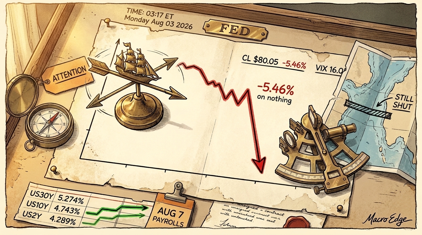 Navigator's chart desk with a plunging crude panel, a sea
channel still marked closed, and three yield lines stepping upward.
