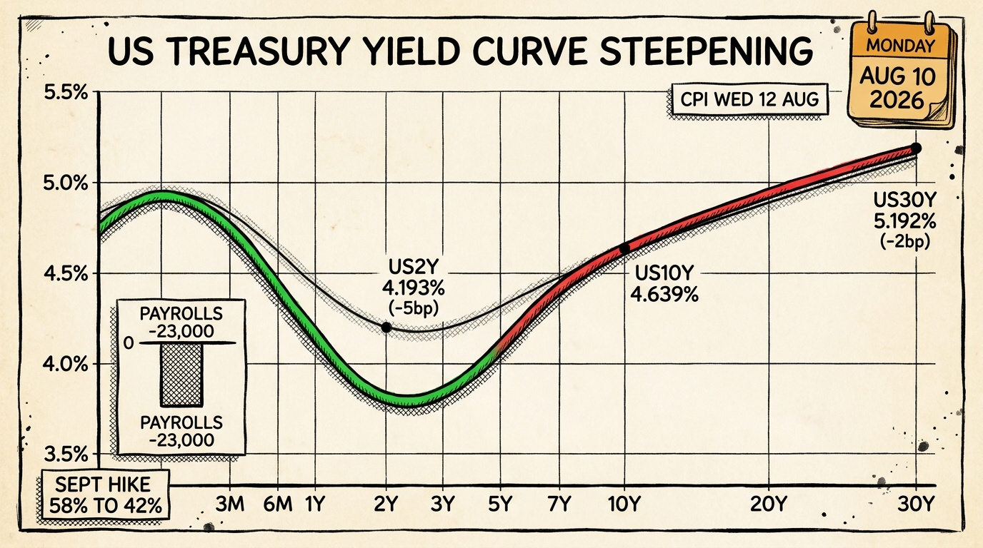 Hand-inked yield curve steepening, short end dropping in green whilst the long end holds in red.