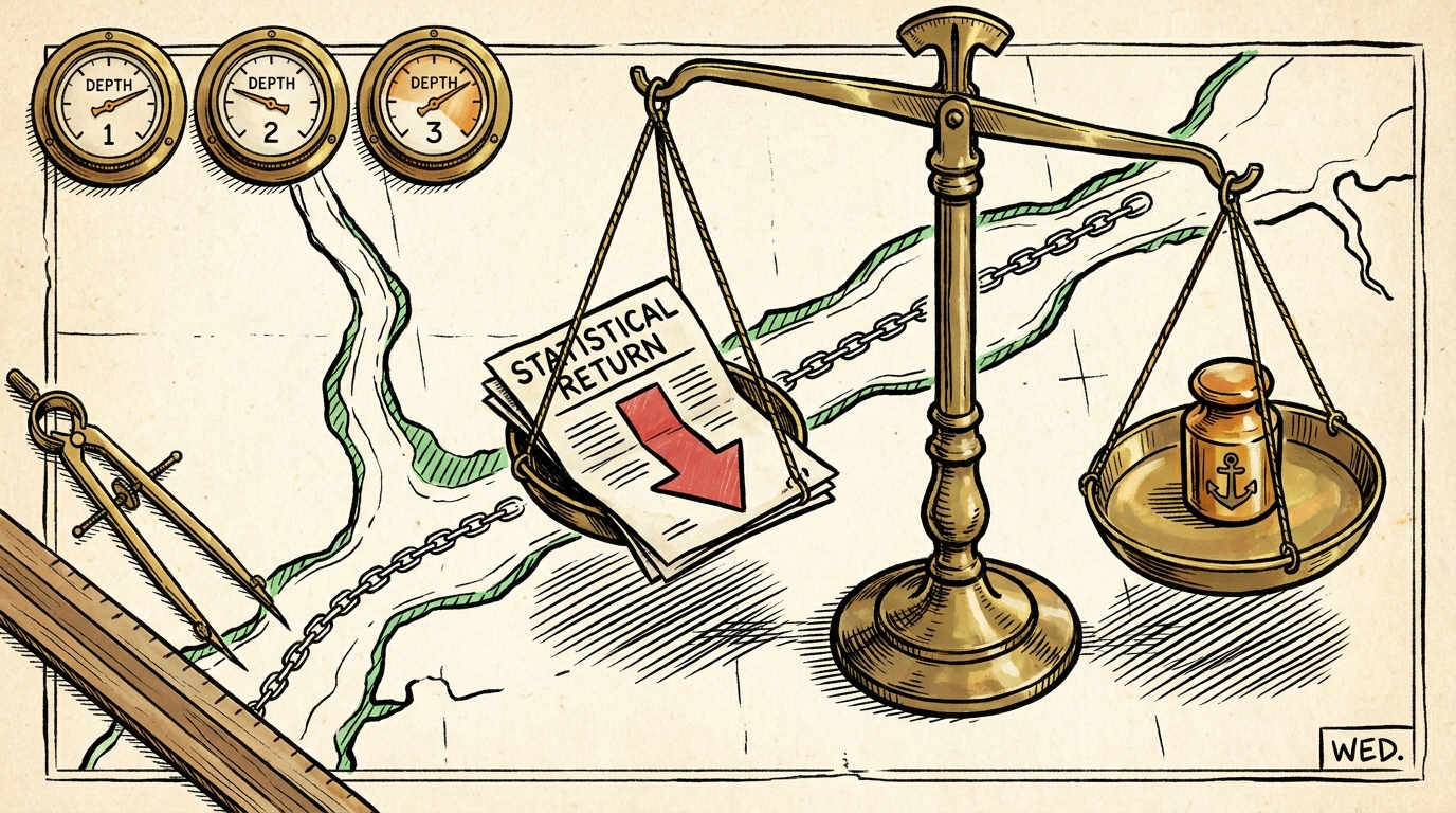 A navigator's brass balance scale on an aged sea chart, a barrel weight outweighing a folded statistical return.