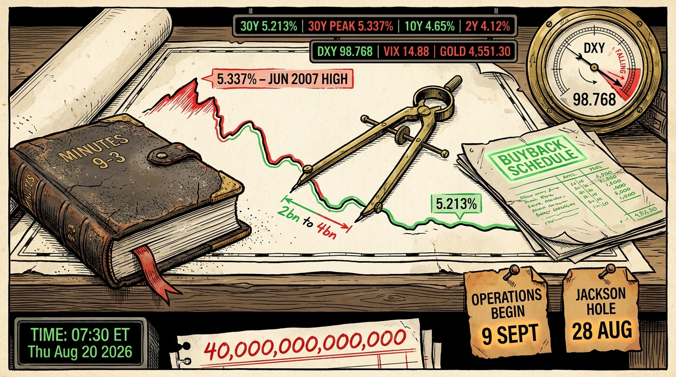 Navigator's chart desk where a worn buyback docket sits open
beside a dusty closed Fed minutes log, a yield coastline falling behind.
