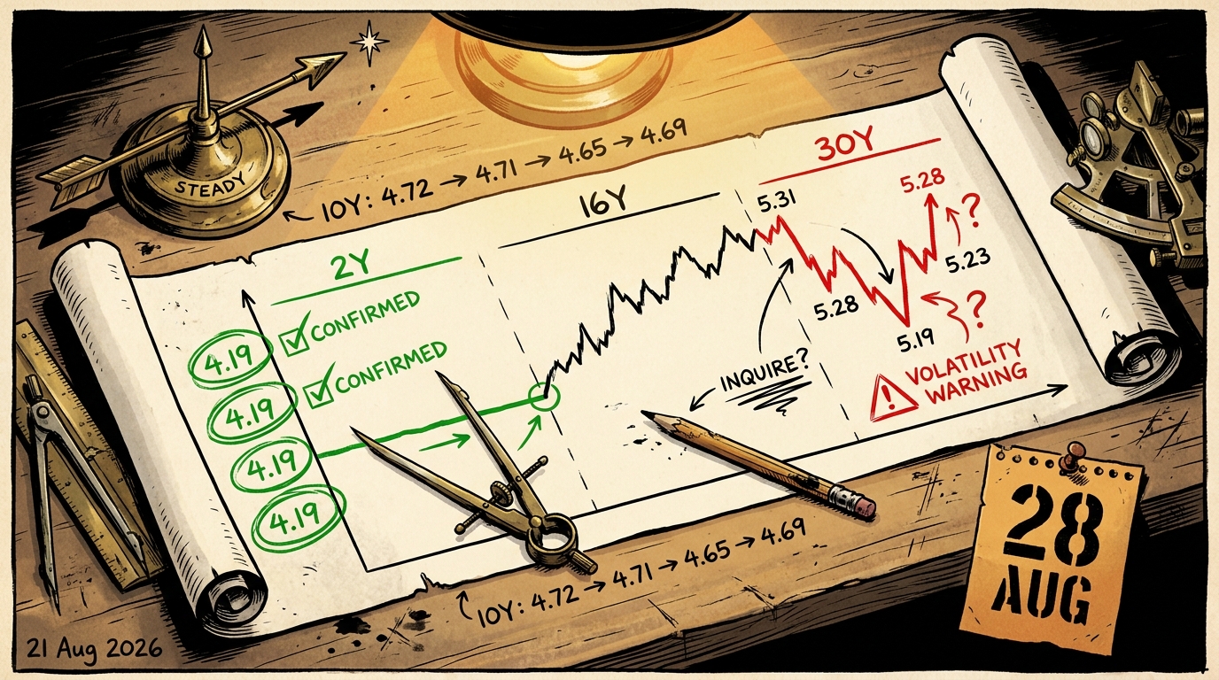 Navigator's chart desk with a yield curve, a volatile long end in red and a flat 2-year in green.