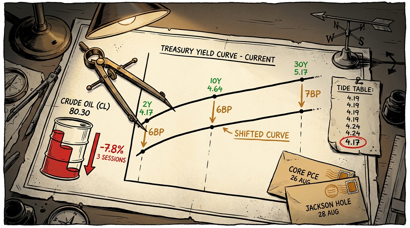 Navigator's chart desk where brass dividers connect a falling oil gauge to the short end of a Treasury curve that has shifted down in parallel.