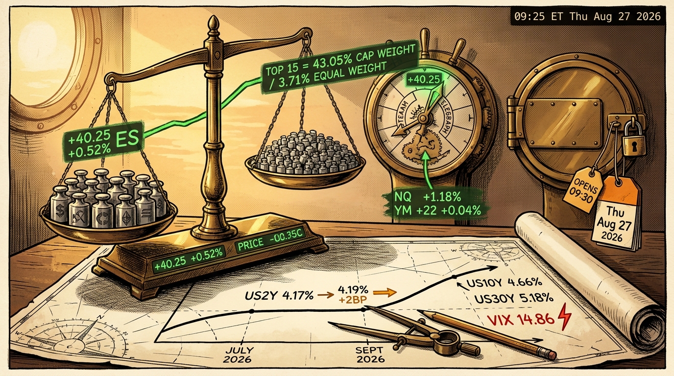 A navigator's chart desk with brass scales holding fifteen large weights against hundreds of small ones, beside a shuttered dial and a flat yield curve.