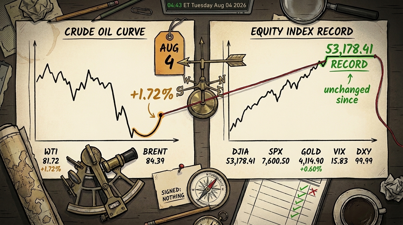 Overhead chart-desk with a crude curve hooking upward beside a flat equity record plateau, a thread between them stopping short.