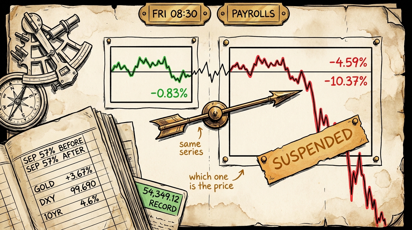 A chart desk showing the same data series plotted twice, calmly on one small panel and catastrophically on a larger one.