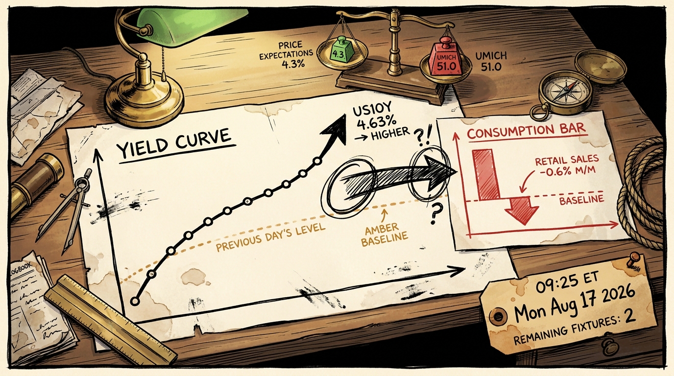 A chart desk showing a rising yield curve beside a falling consumption bar, with the connecting arrow circled twice.