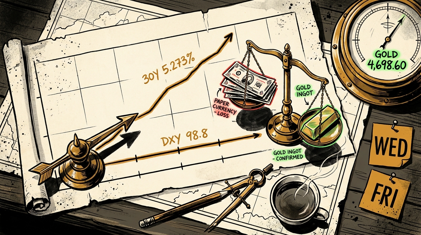 Navigator's chart desk, a rising bond yield line beside a flat dollar line, brass scales tipped toward gold.