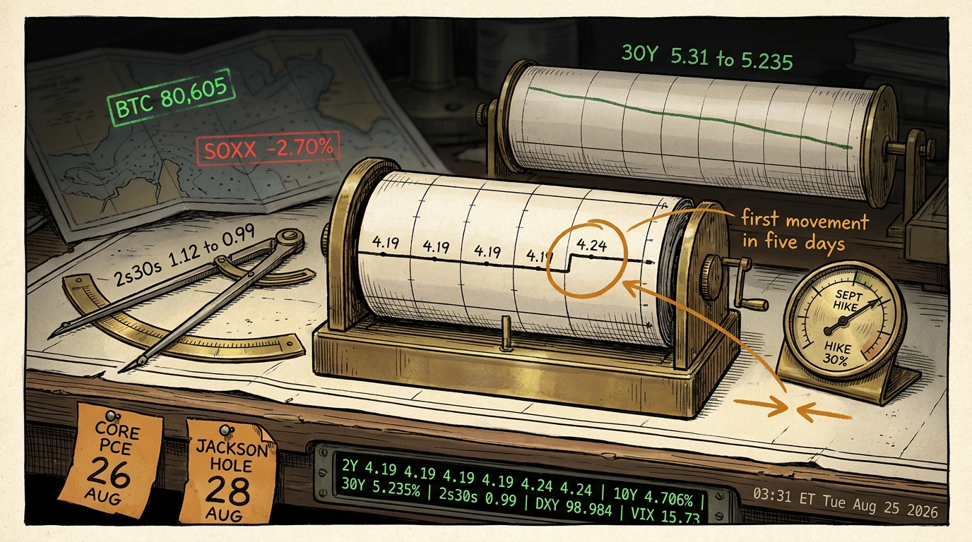 A navigator's barograph drum showing a flat yield trace stepping up once, annotated in amber, against a falling long-end trace.