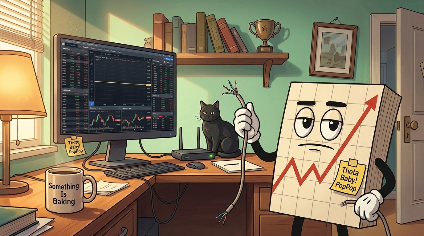 Mr SPX holding up an unplugged ethernet cable while a flat chart sits on a busy trading screen behind him and the black cat sits beside the router.
