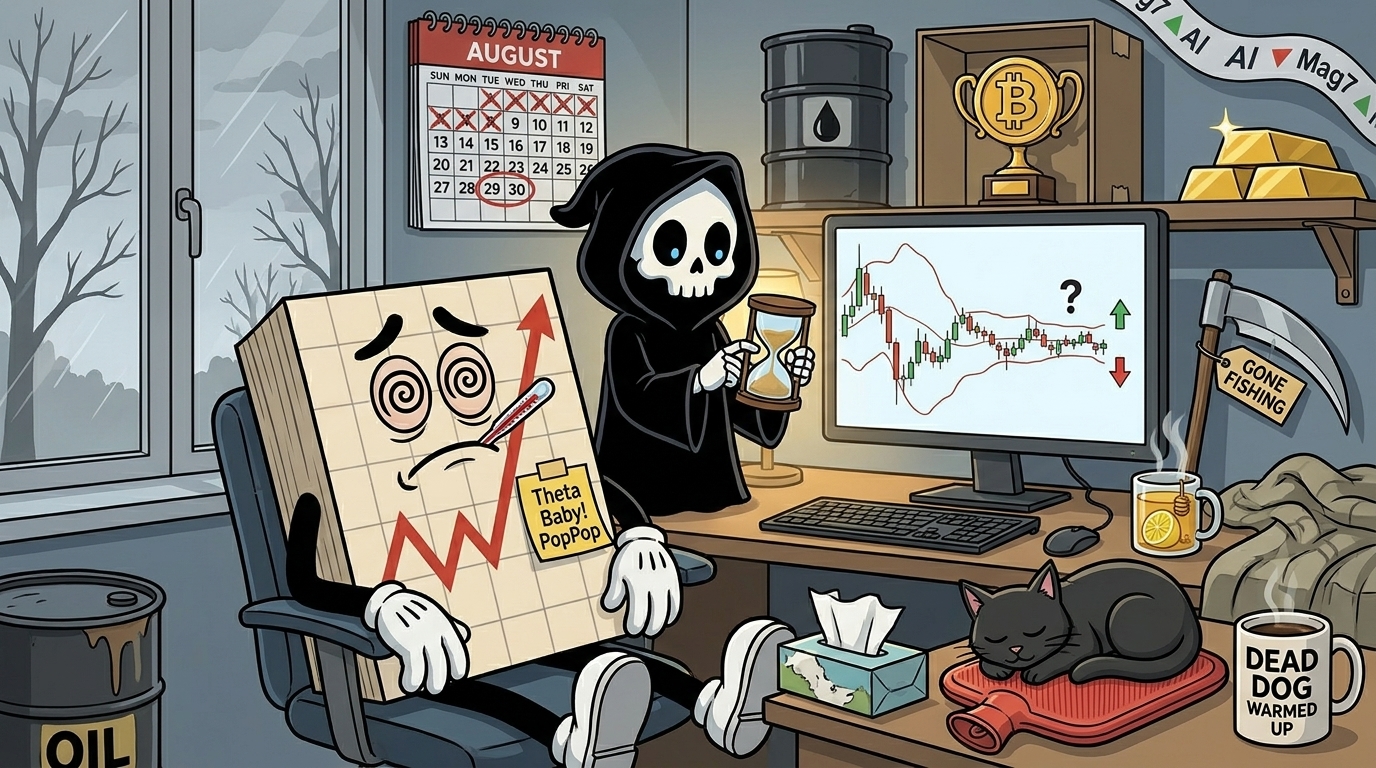 A feverish Mr SPX slumps at his desk with a thermometer and swirling eyes while a Discworld-style Grim Reaper checks an hourglass behind him.