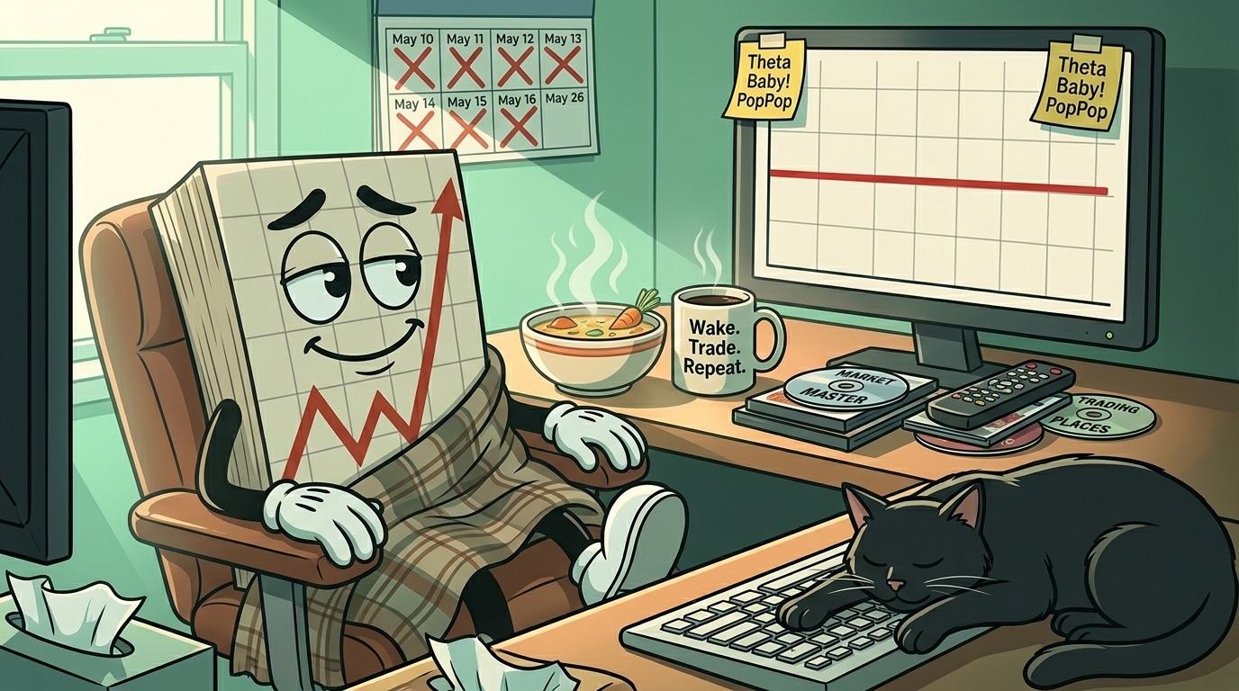 Mr SPX watches a movie with a bowl of chicken soup while his chart flatlines behind him and the black cat sleeps on the keyboard.