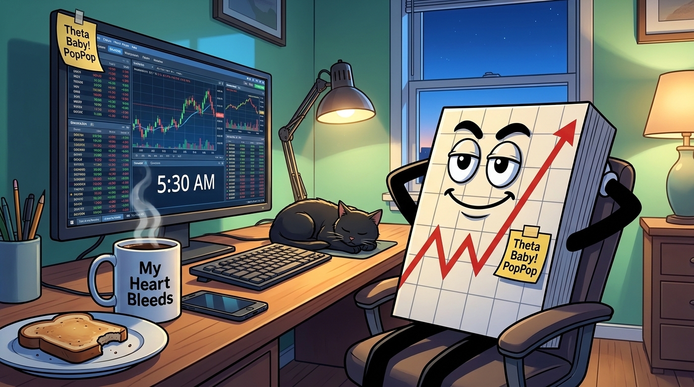 Mr SPX leaning back from his desk with his hands behind his head before dawn while a busy trading screen glows behind him and the black cat sleeps beside the keyboard.