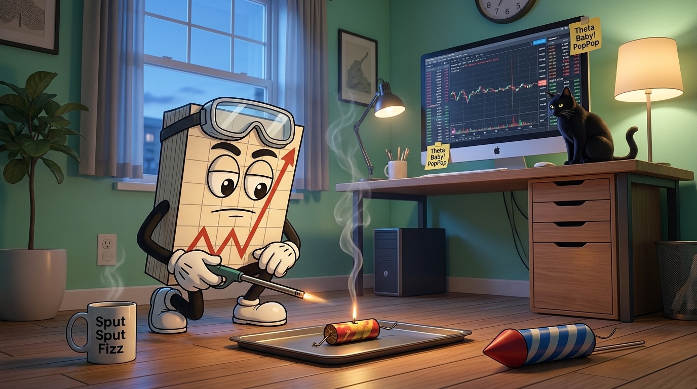 Mr SPX crouched beside a firework that has fizzled out, with a flat chart on the busy screen behind him and the black cat watching from the desk.