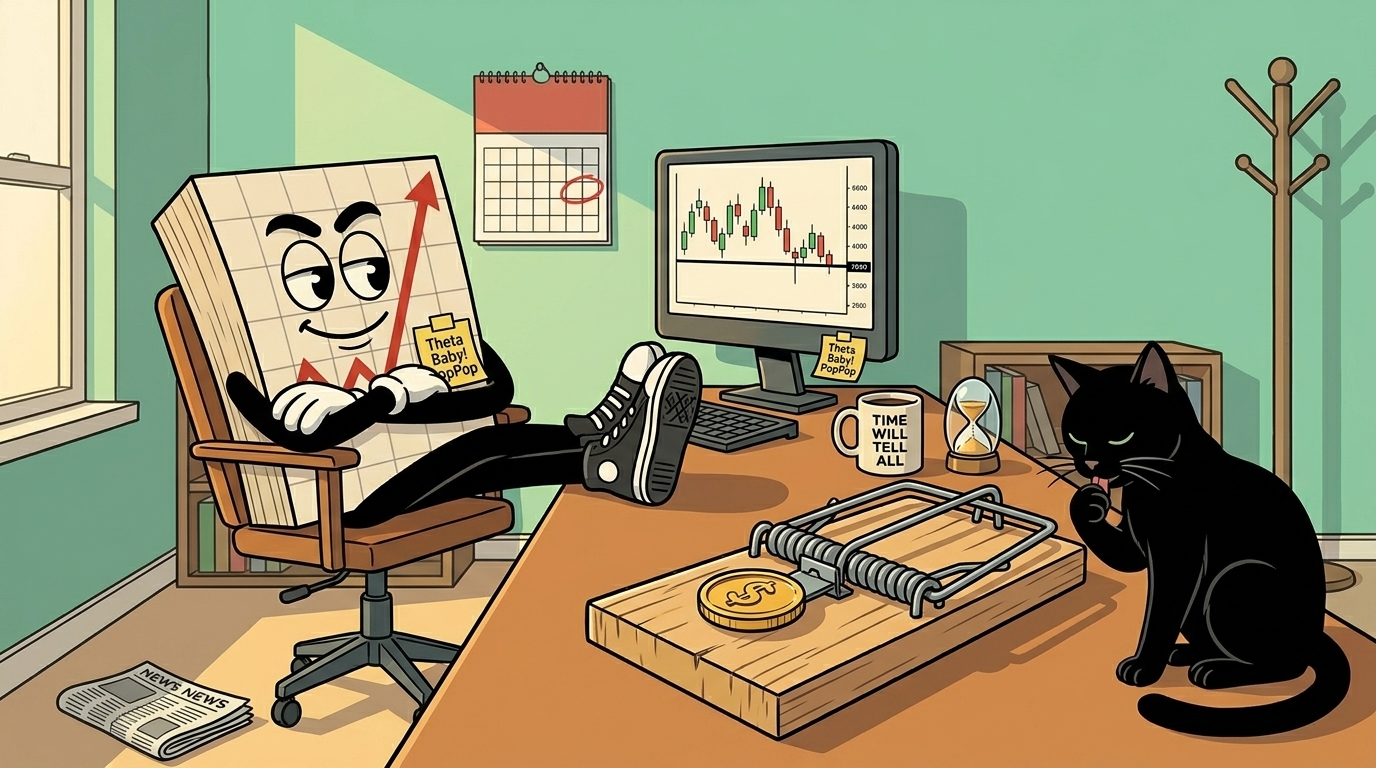 Mr SPX leaned back with his feet on the desk, watching a primed mousetrap baited with a gold coin, a chart on the monitor behind him showing price stalled above a horizontal level.