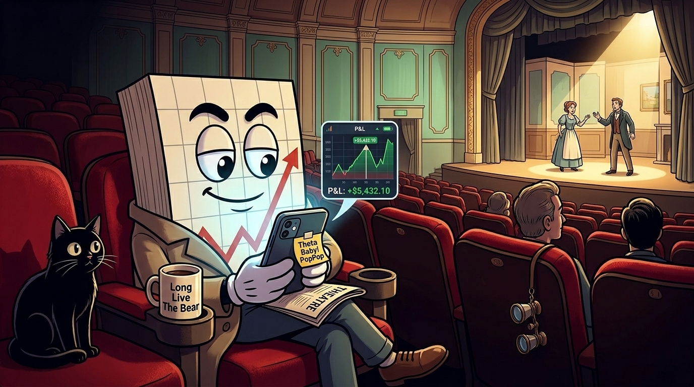 Mr SPX sat in a theatre seat glancing at a phone showing a profit and loss curve while the black cat beside him watches the stage.