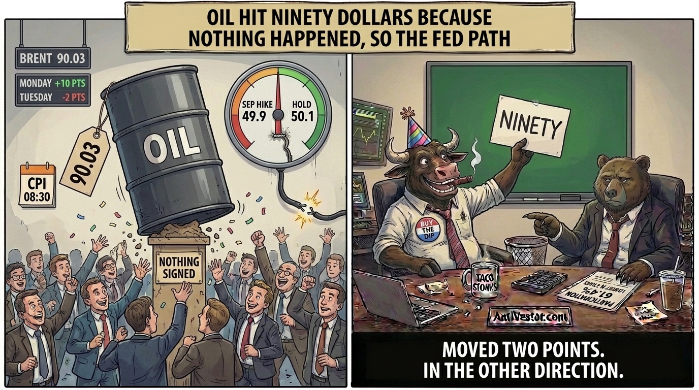 Two-panel comic; traders celebrate a ninety dollar oil barrel while a bear points at the unplugged cable under a frozen rate dial.