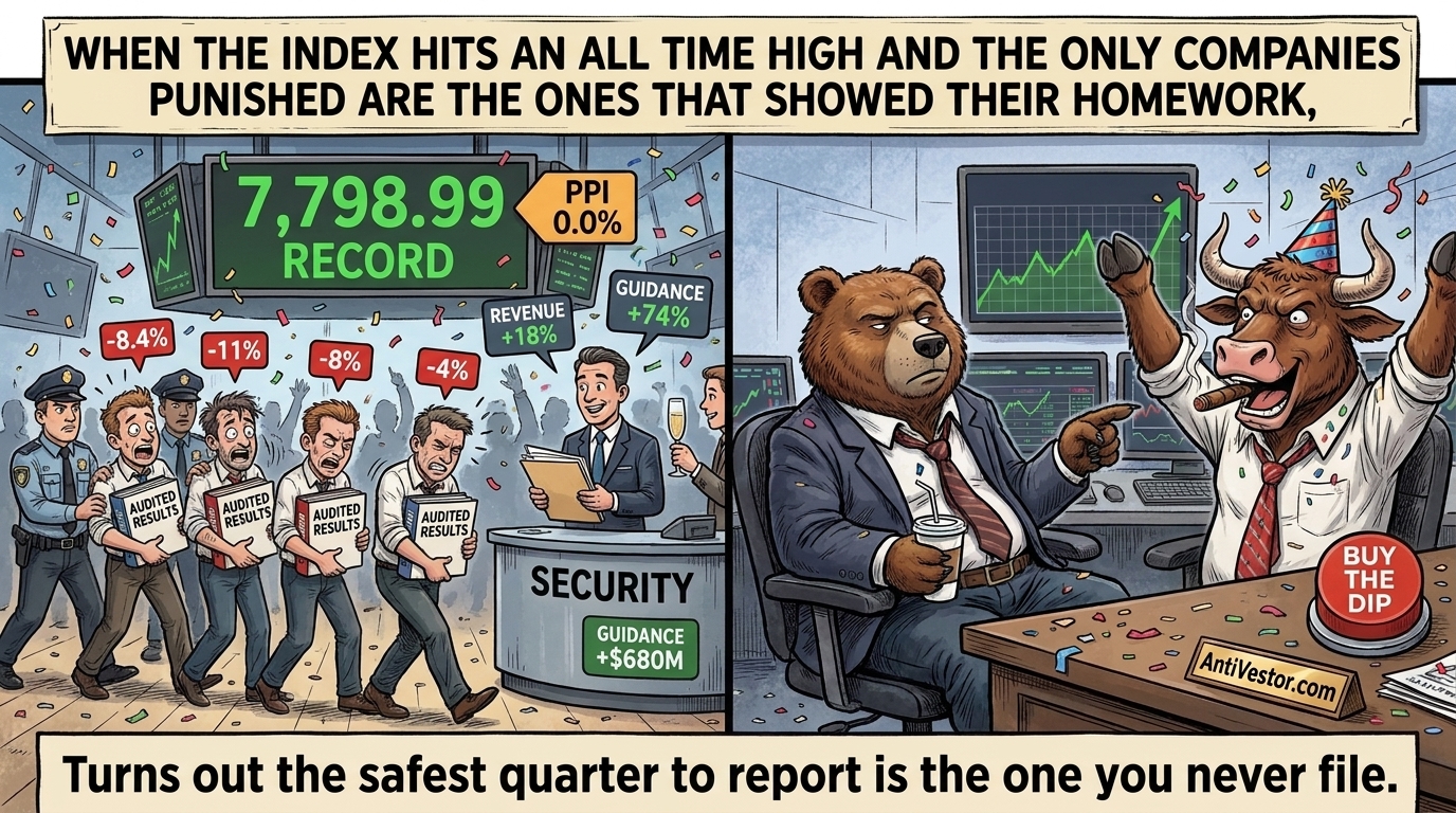 Two panel comic where a record stock market celebration escorts out the companies that published real results while the two mascots disagree about it.