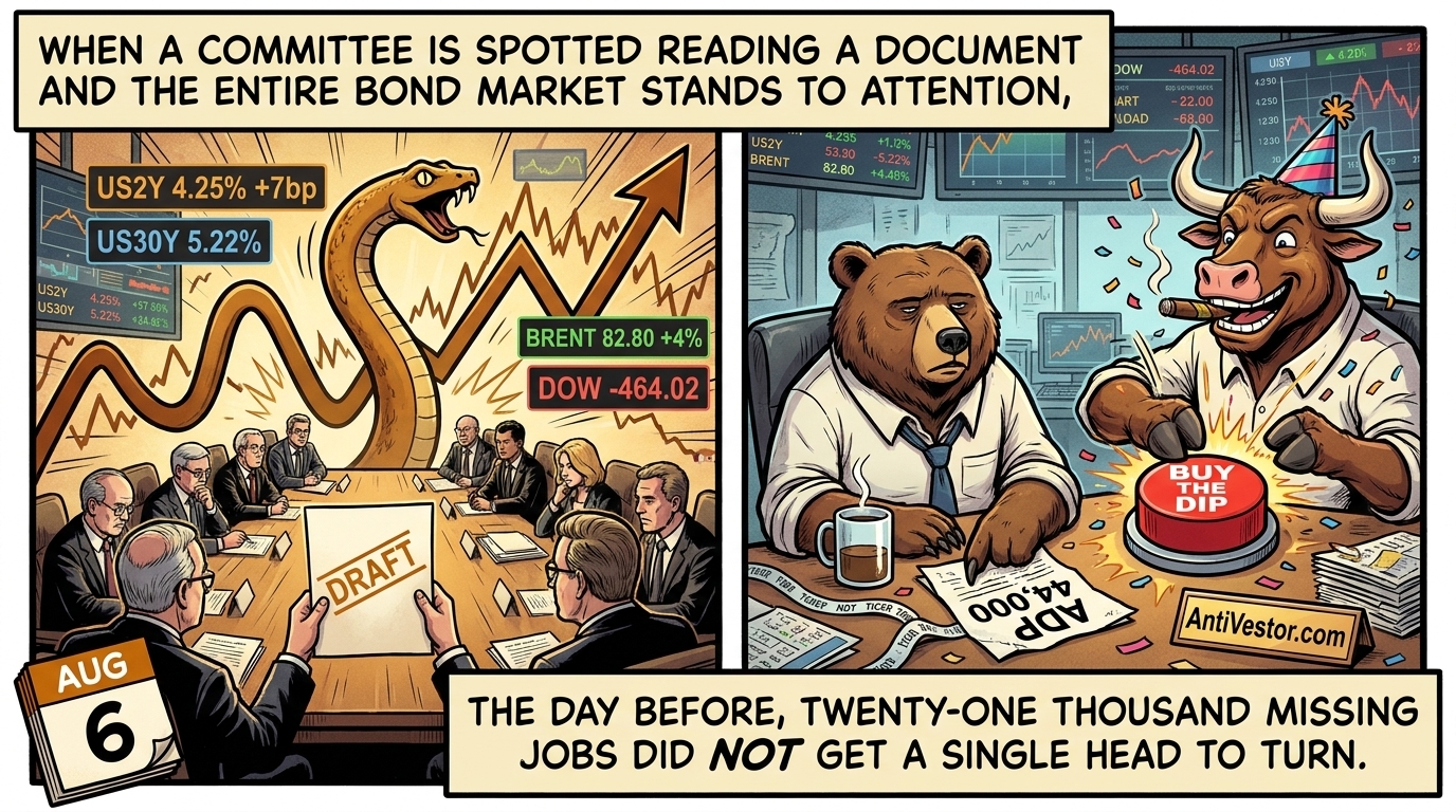 A committee reading a draft sends a bond yield curve soaring whilst Bull celebrates and Bear points at an ignored jobs report on the floor.