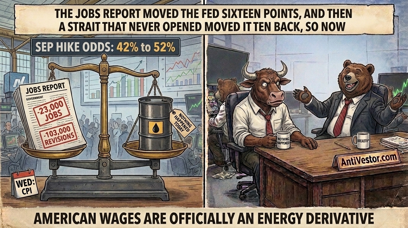 A weighing scale where a single oil barrel outweighs a thick jobs report, with the bear delighted and the bull lost for words.