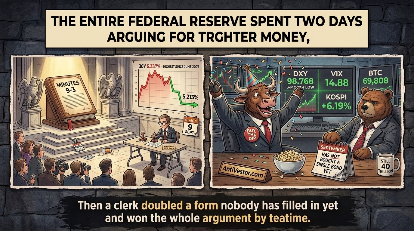 An ignored central bank minutes document on a dais whilst everyone watches a clerk stamp a buyback form, and Bull celebrates whilst Bear points at the calendar.