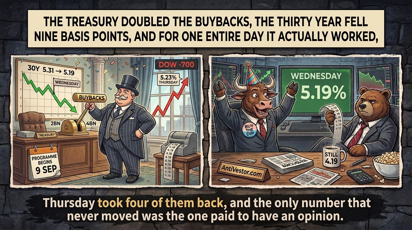 Two panel comic, an official celebrating a buyback lever while the yield climbs back outside, and a bear holding a dusty unchanged ticker.