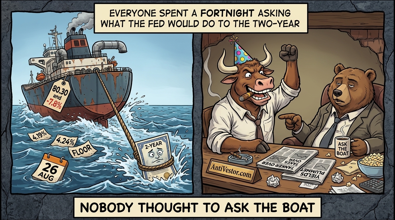 A comic tanker tows a small two-year Treasury bond through the water
whilst Bull celebrates falling yields and Bear points at the rope.