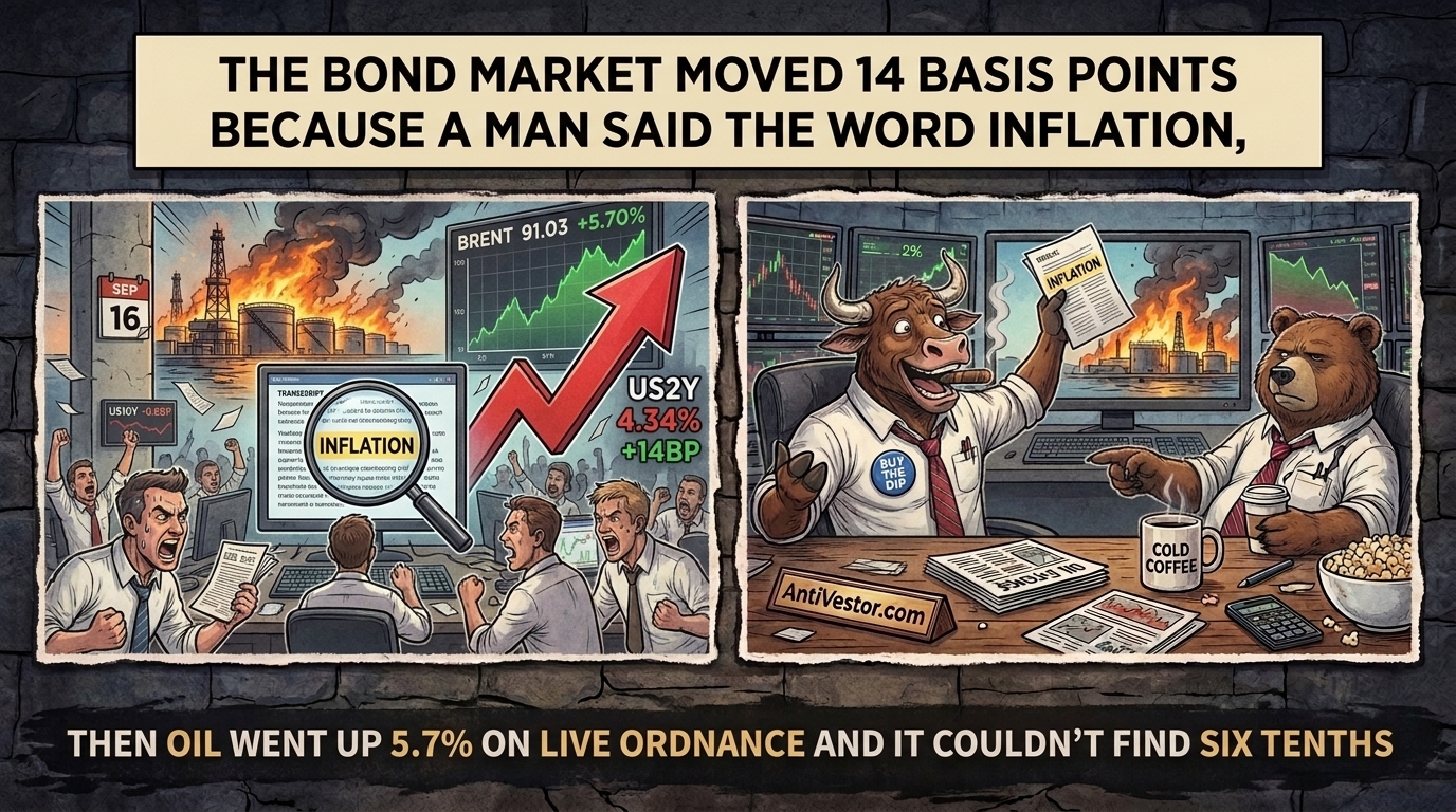 Two panel comic, a bond floor celebrating a speech whilst an oil terminal burns behind them and a bear points at it.