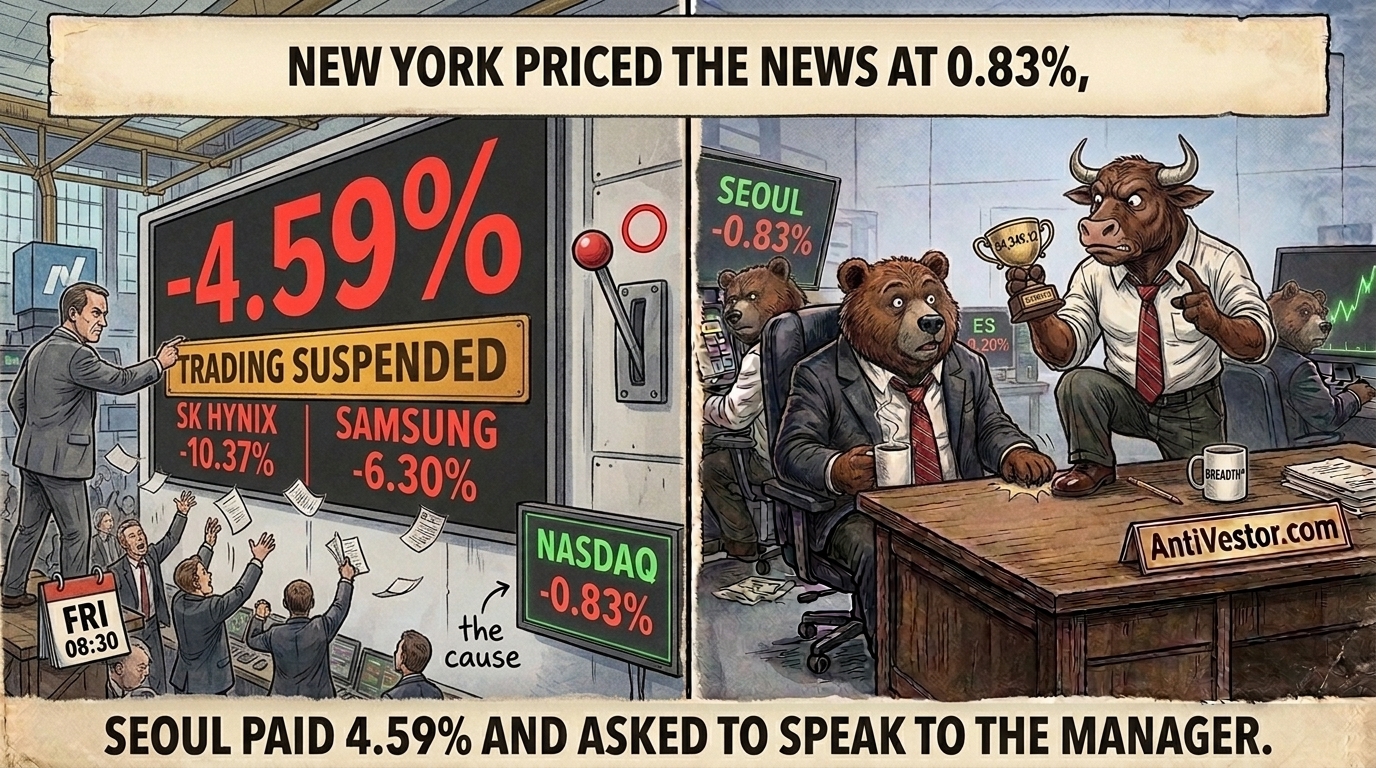 A trading floor halts over a huge red number while a bull holding a record trophy and an uneasy bear look on from their desk.