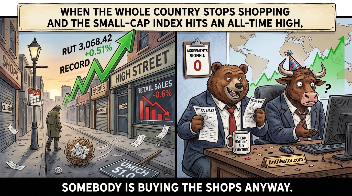 A deserted high street sits beneath a soaring small-cap index line whilst two mascots react in swapped moods.