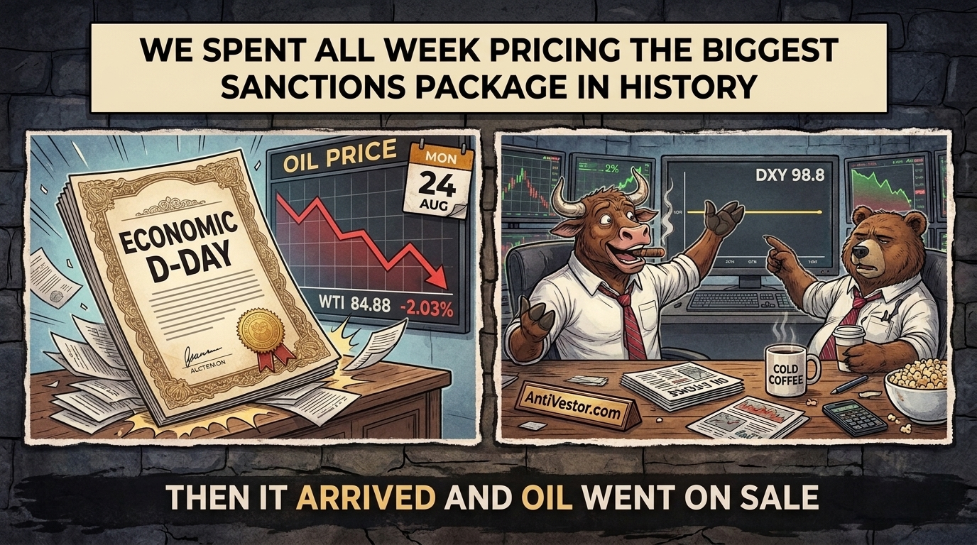 A giant economic D-Day document lands as the oil price falls, whilst Bull celebrates and Bear points at a flat dollar screen.
