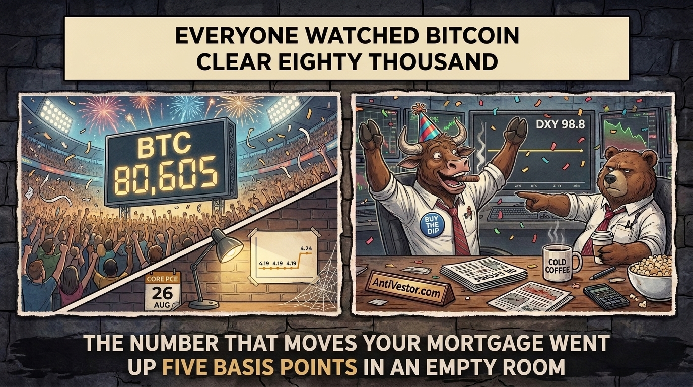 A stadium crowd celebrates a bitcoin scoreboard whilst a bear
points at a tiny ignored bond chart in the corner.
