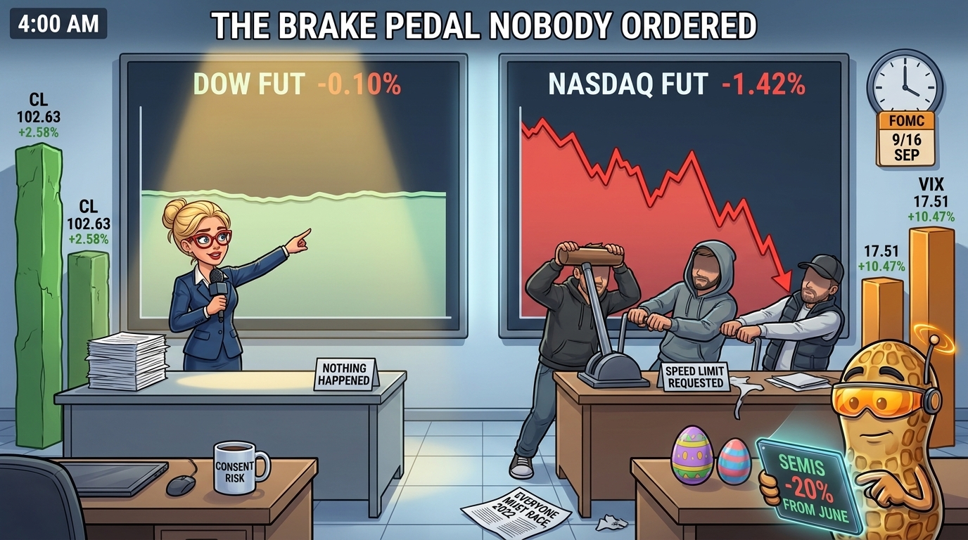 A Nasdaq rocket having a brake fitted by founder caricatures while a level Dow rocket passes, and the mascots swap moods.