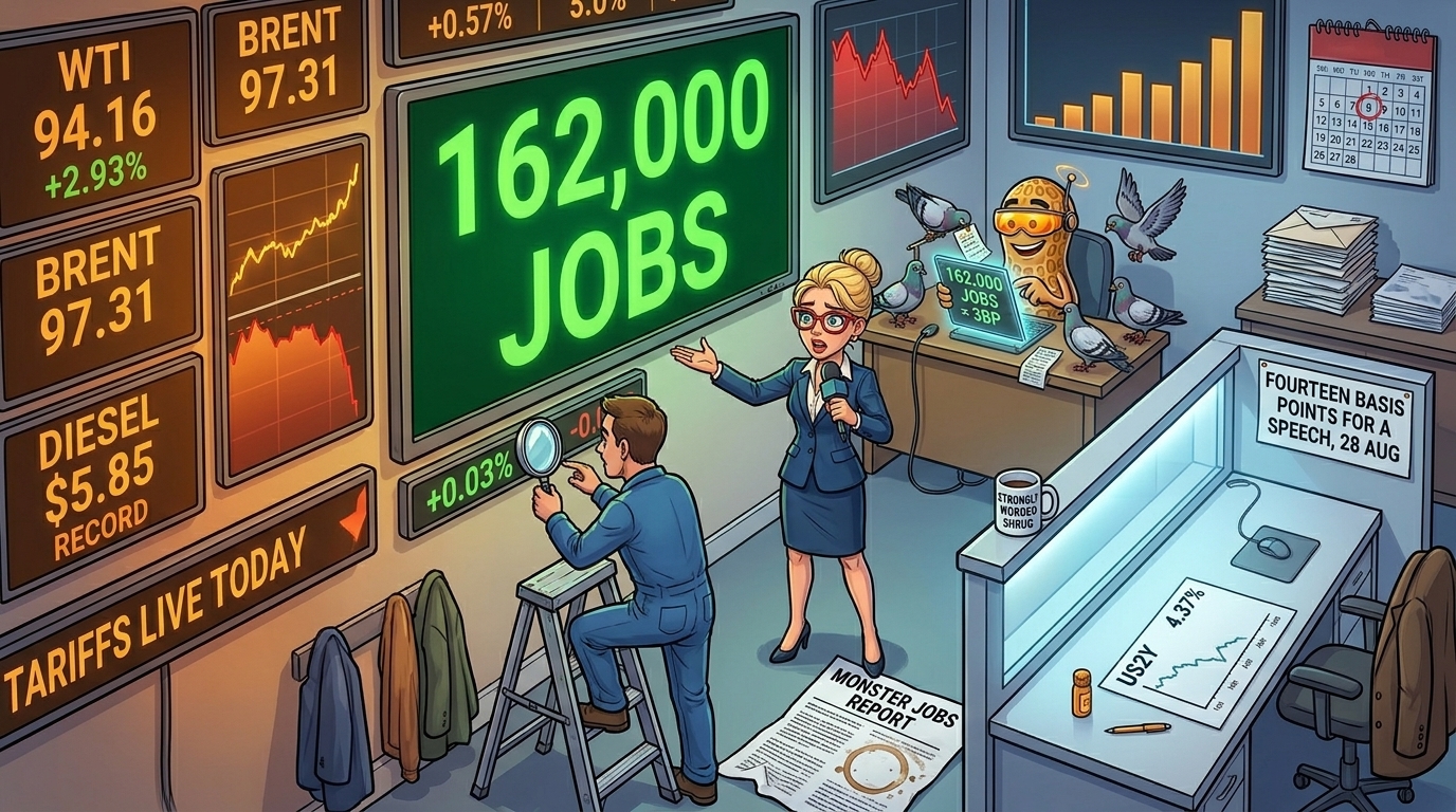 Payrolls came in at three times consensus, September hike odds jumped nearly nine points, and the two-year Treasury moved three basis points. The loudest week in months produced the smallest number.
