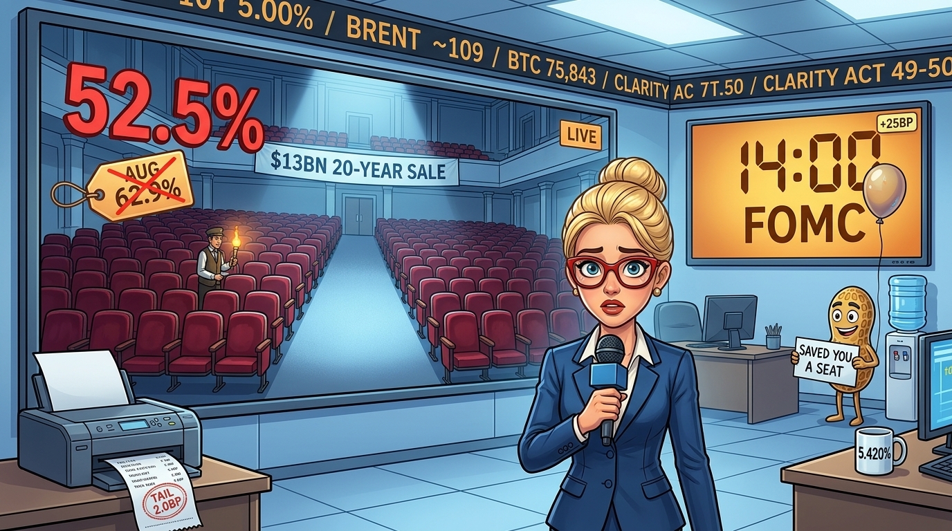 A newsroom anchor reports from a nearly empty bond auction hall as a Fed countdown clock ticks down.