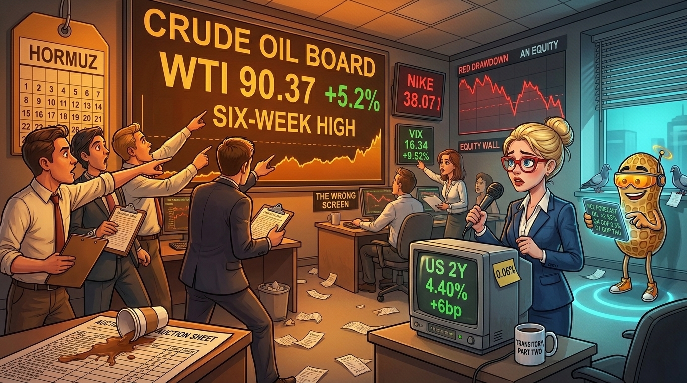 Newsroom crowd faces a giant amber crude board while a reporter presents a small two-year yield screen.