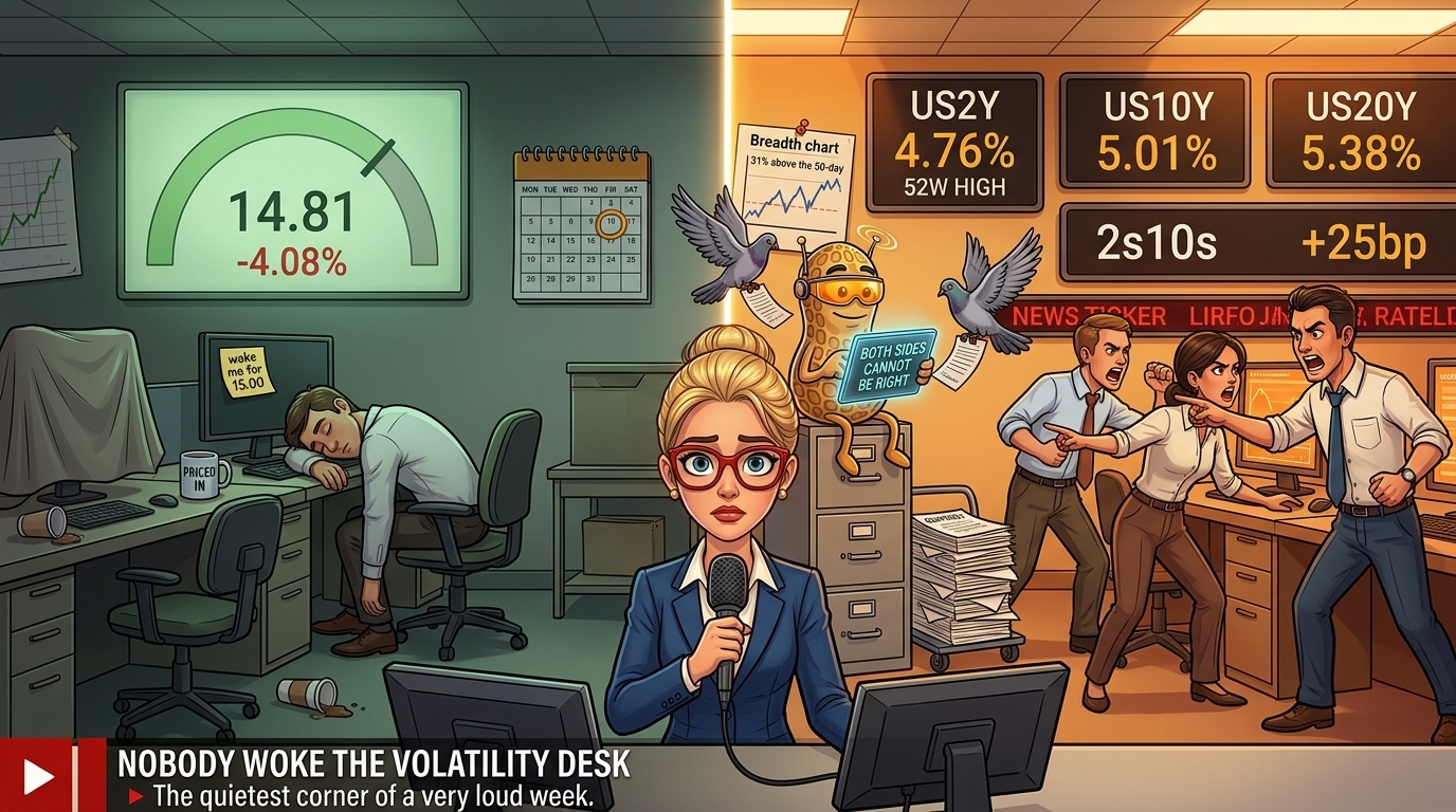 Newsroom split between a sleeping volatility desk under a 14.81 gauge and a blazing rates desk at 52-week highs.