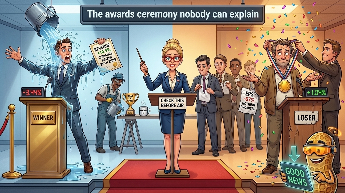 An awards host stands between a drenched winner and a garlanded loser at two podiums.