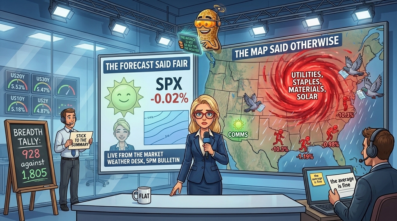 Weather presenter between two map panels showing the same storm clearing on one side and refusing to move on the other.