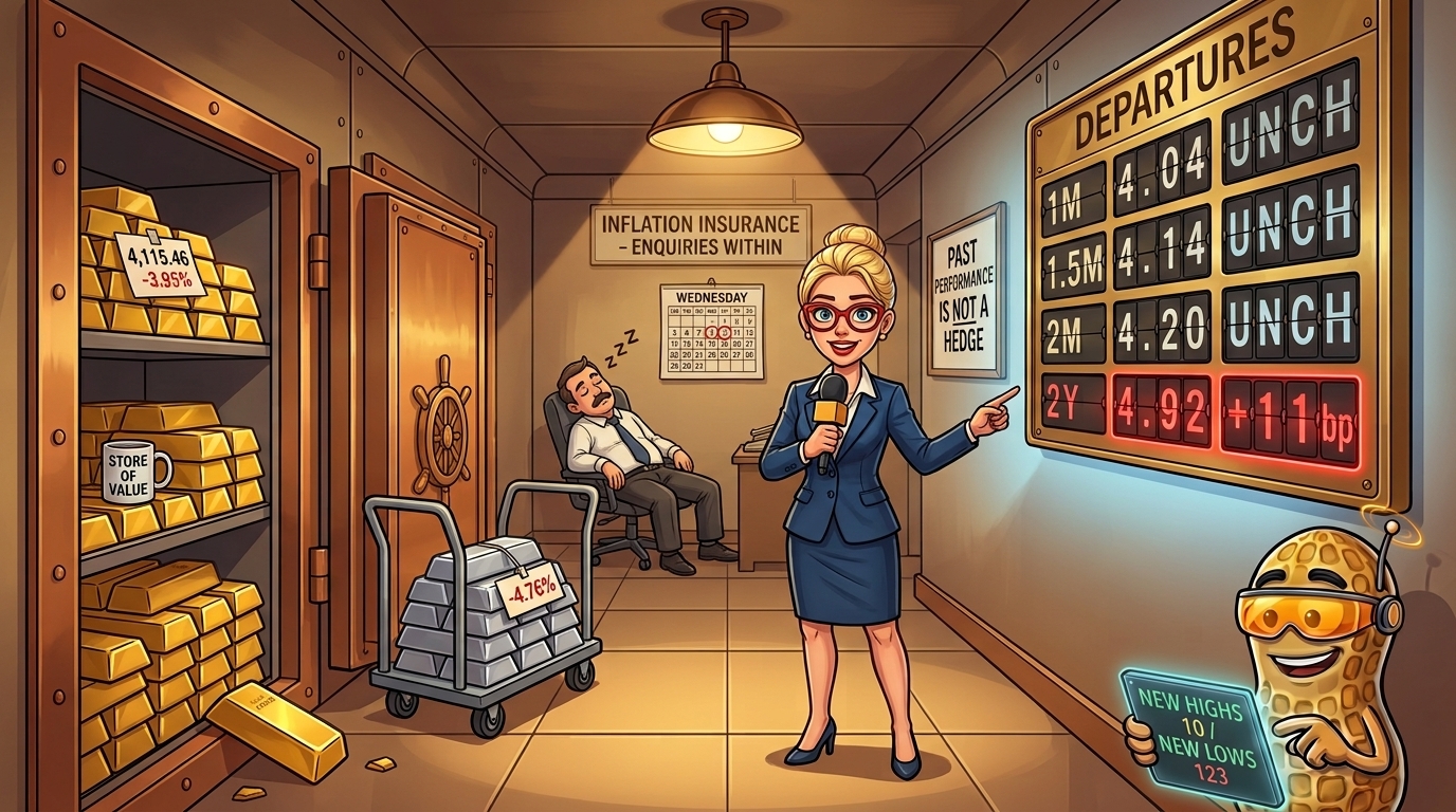 A reporter in a gold vault points at a rates board while the gold bars behind her are ignored.