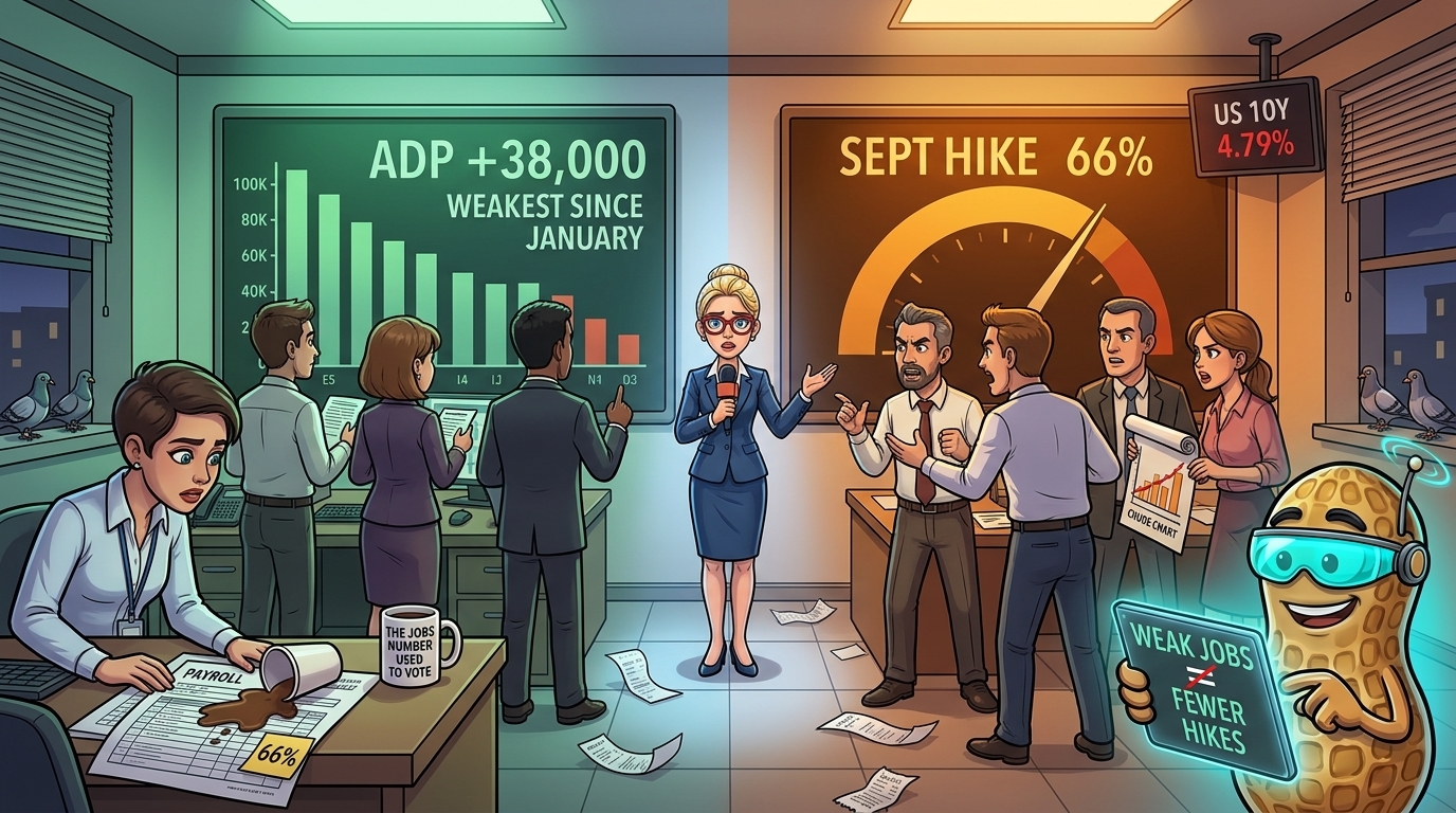 Newsroom split between a falling jobs board and a rising rate-hike dial, reporter standing on the line between them.