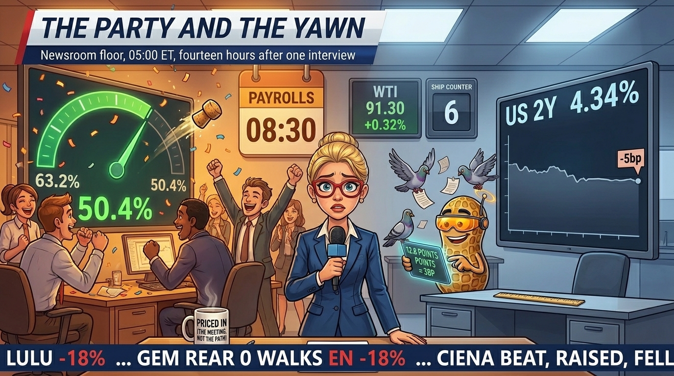 Newsroom anchor between a cheering crowd at a collapsing rate dial and an ignored, barely moved bond board.