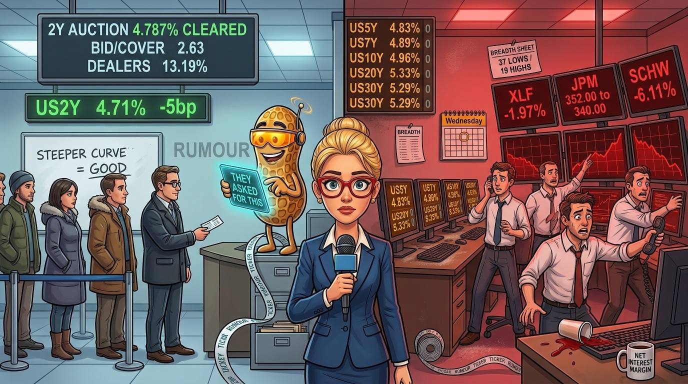 Newsroom split between a calm cleared bond auction and a bank desk in red-lit chaos, with five unchanged yield prints behind.