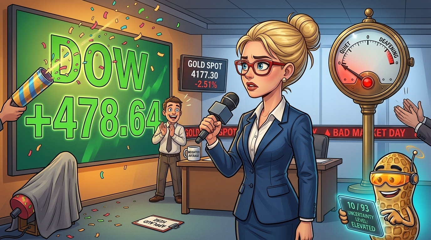 News anchor between a green confetti-strewn results screen and an applause meter with its needle at the bottom.