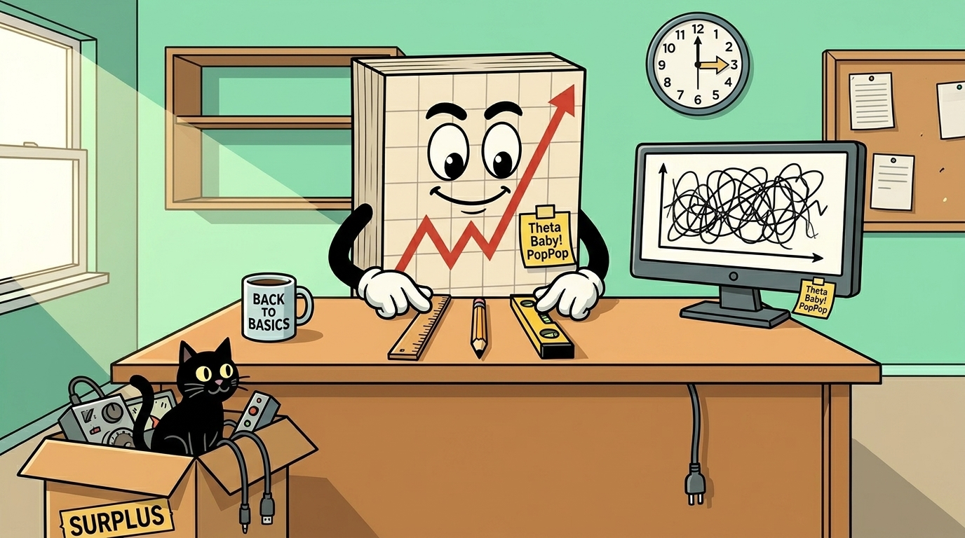 Mr SPX laying out a ruler, pencil and spirit level on a cleared desk, a box of discarded gauges on the floor with the cat sat in it, and a tangled scribble of a chart on the monitor behind.